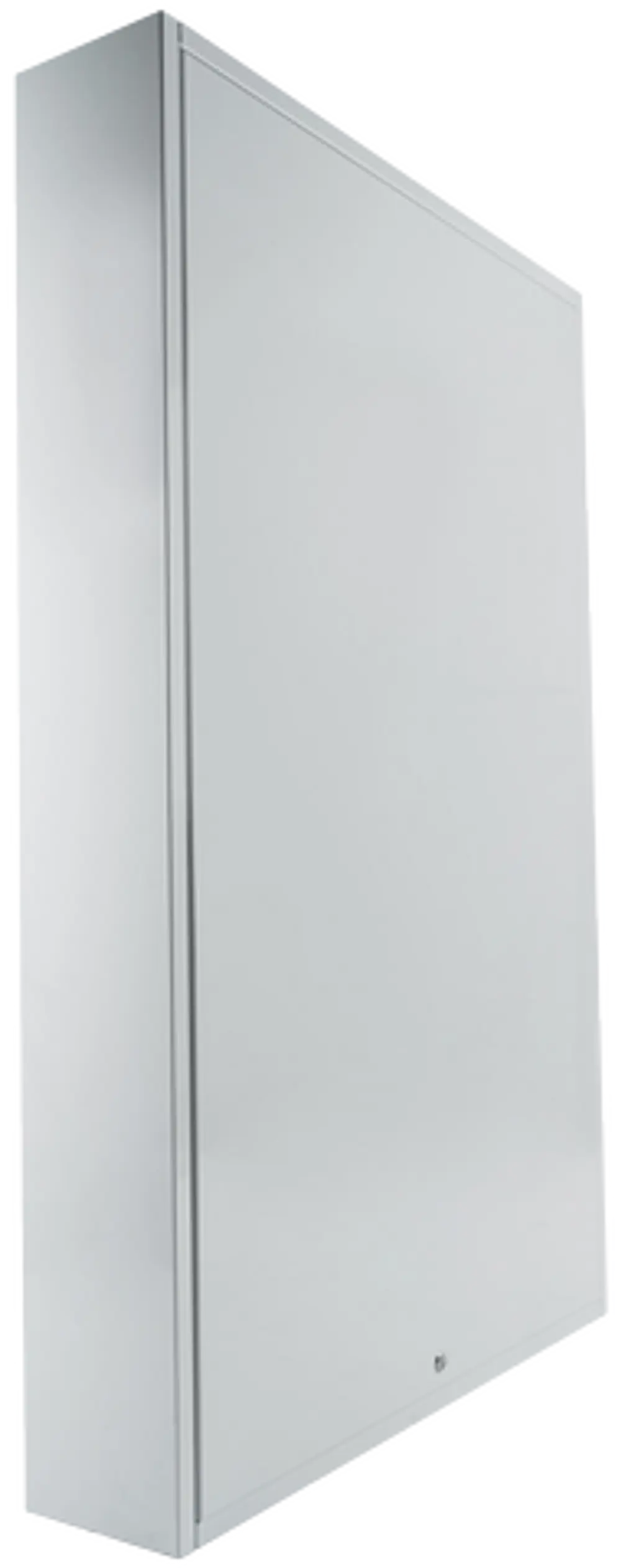 Wolf Produkt, vertikale Wandhaube in silberner Ausführung mit glatter Oberfläche und Tür. Ideal für die Integration in technische Umgebungen.